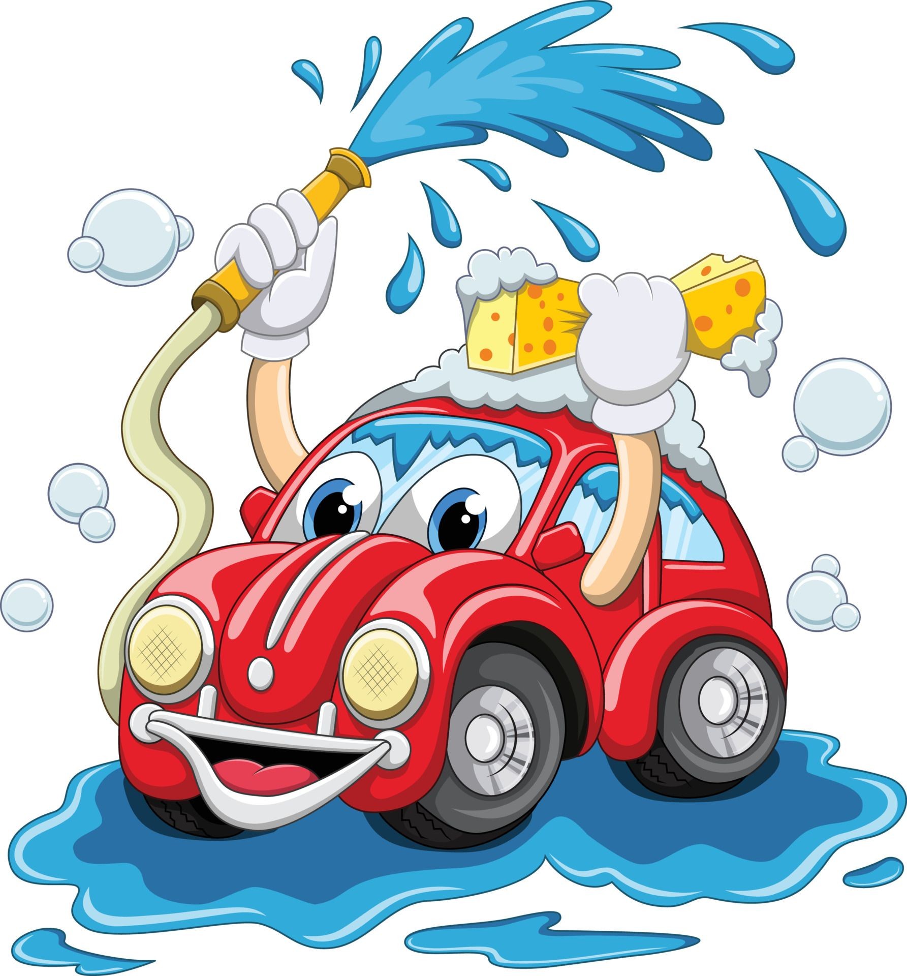 Cartoon Red Love Bug Type Car holding a sponge and hose while washing its own car